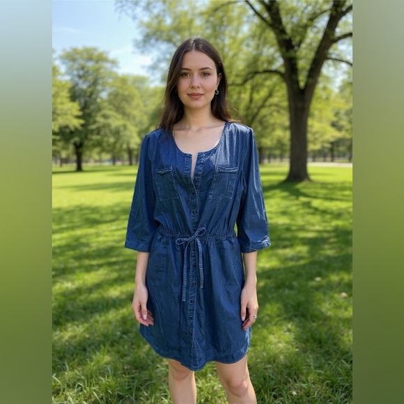 Lane Bryant denim look dress size 18 20 cotton elastic waist button down pockets - Picture 1 of 16
